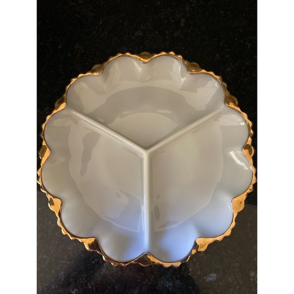 Milk Glass 3 Section, 10" Serving Dish, Gold Rimmed - Picture 3 of 4
